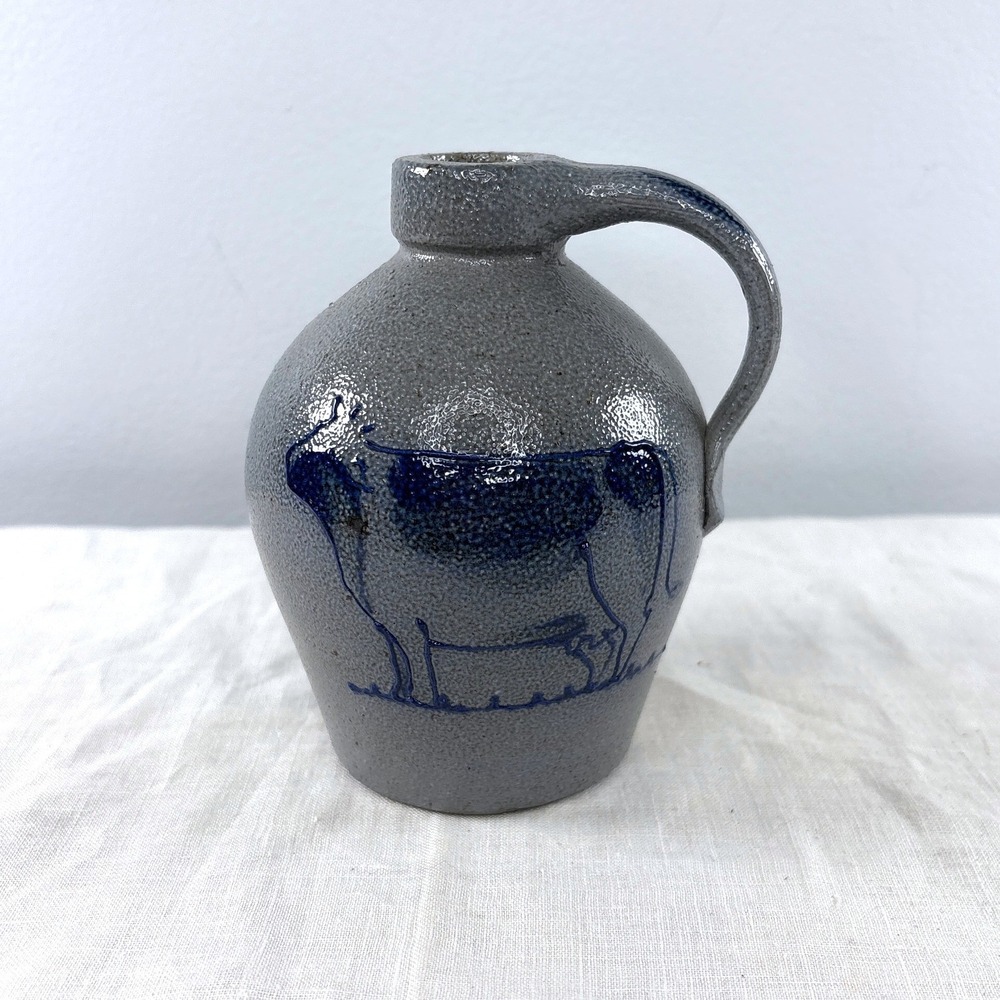 Rockdale Union Stoneware Salt Glazed Mini Jug Cobalt Blue Cow Floral Grey